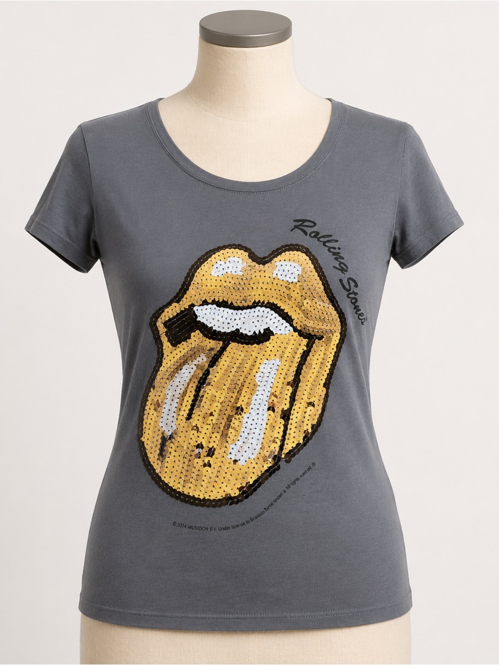 Rolling Stones Sequin Tongue Graphic Tee Gray Scoop Neck Band T-Shirt